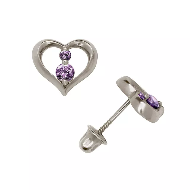 14K Solid White Gold Cute Open Heart Screw Back Earrings With Round Birthstones