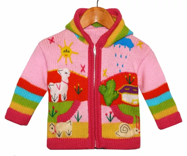 Strickjacke rosa bunt, Gr.68*74 Kapuze Peru Inka Bauernhof Tiere Schnecke Alpaka