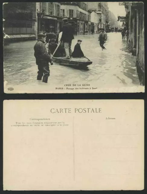 PARIS FLOOD 1910 Old Postcard Passage des habitants a Javel, Hotel, Men on Boat