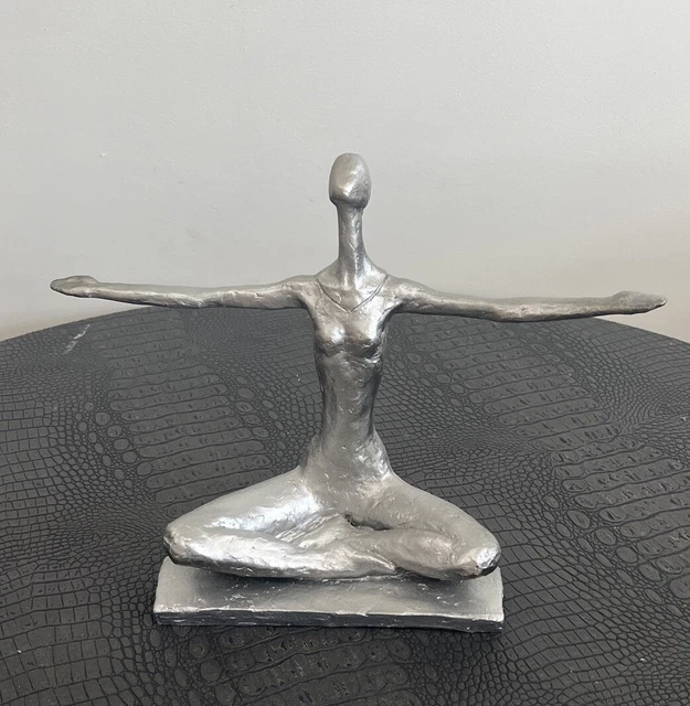 Brutalist Modern Sculpture Statue Yoga Ballet Female Pose Silver Polystone NICE!