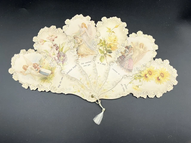 Old Print Factory Fold Out Fan w Prayer Vintage Inspired Victorian Floral Angels
