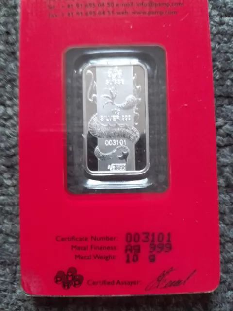 Lunar 2012 Year Of Dragon Pamp suisse Swiss Bullion 999 Silver Minted Bar 10gram 2