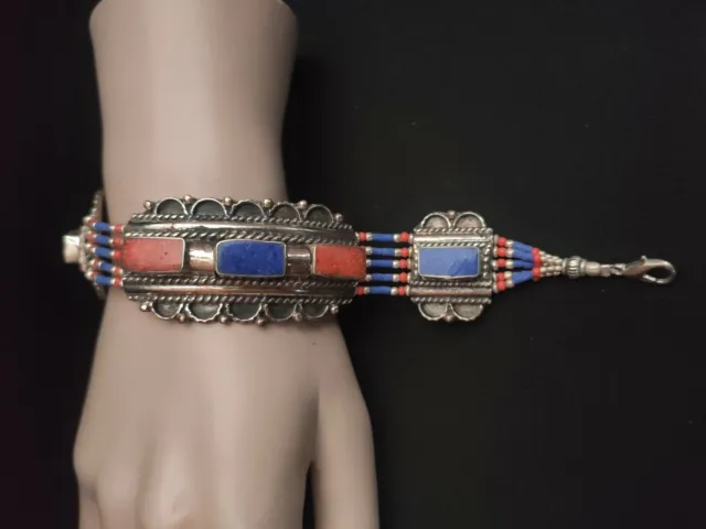 Ethnic Asian Sterling Silver Bracelet women Jewelry Lapis  Coral Bracelet B 17