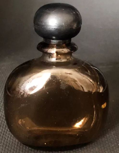 Vintage Perfume Round Bottle Smokey Brown With Black Lid Empty Collectible Vase