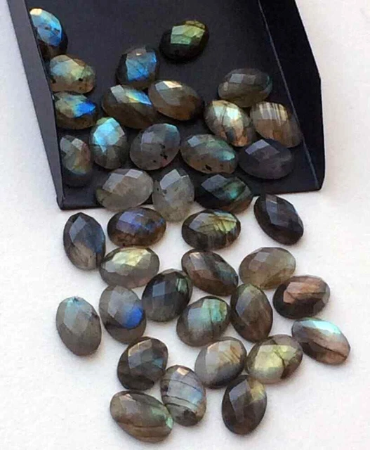9X14mm Labradorite Rose Schliff Oval Cabochons, Facettiert Flache Rückseite