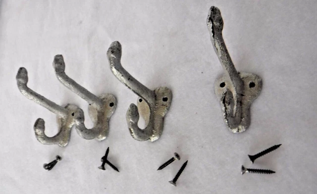 Set of 4~Vintage~Cast Iron~Double Acorn Finial~Schoolhouse~Coat~Hat~Hooks~Silver