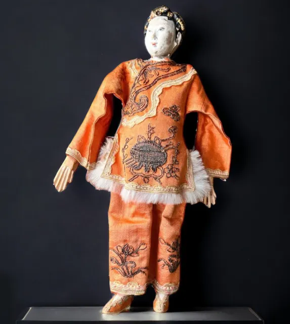 Antique Chinese Opera Doll Embroidered Silk Clothing 10.5” Tall Long Fingers Vtg