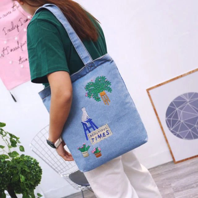 Femme Toile Jeans Sac Bandoulière Brodé Fourre-Tout Dessin Animé Imprimé à Main