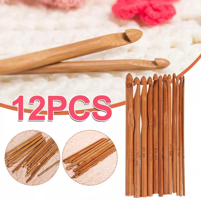 12PCS 3-10mm Bamboo Crochet Hooks Set Handle DIY Wooden Knitting Needle 12 Size 2