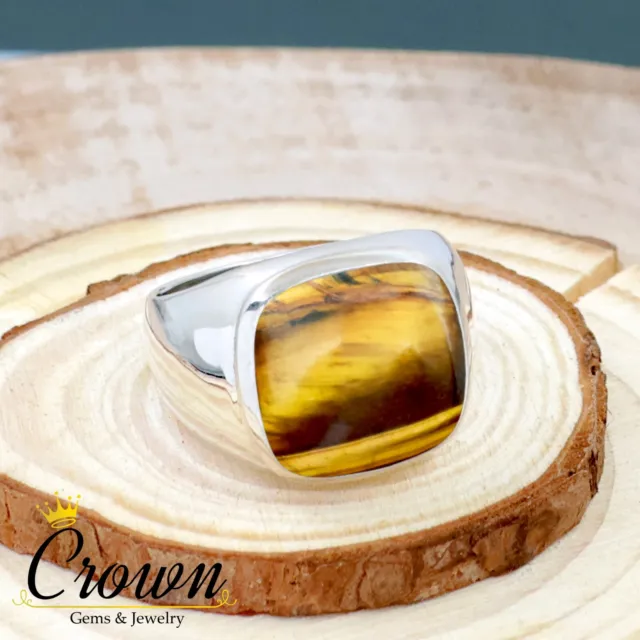 Tiger Eye Cushion Cut 925 Sterling Silver Men's Ring Jewelry - Size US 6-14