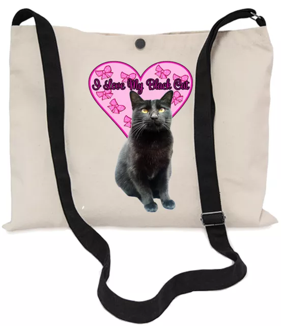 I Love my Black Cat Canvas Musette Bag 40x30cm, Long adjustable strap.