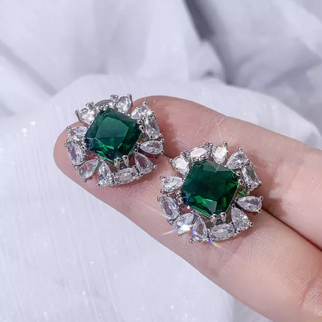 925 Sterling Silver Stud Earrings Green CZ Emerald Earrings Women Luxury Jewelry