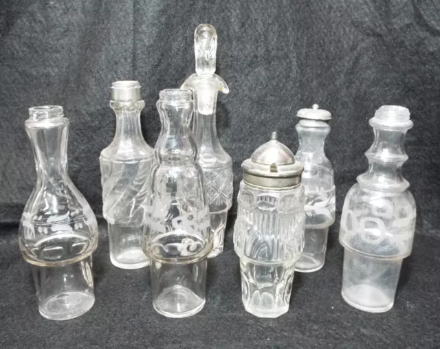 7 Old Assorted Antique Glass CASTOR SET CRUET BOTTLES Assorted Designs