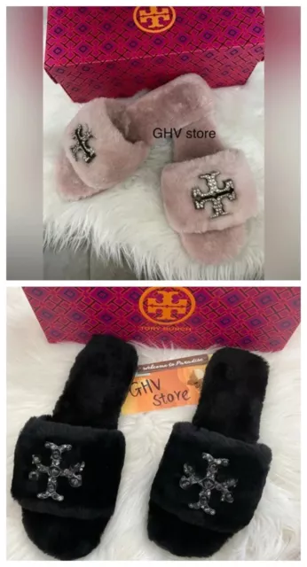 Tory Burch Everly Jeweled Shearl Double T Shearling Slides (Price end 12/30)