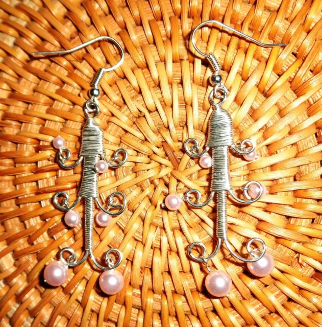 CHANDELIER HANDMADE STERLING Silver Wrapped Wire Art Earrings Pink ...