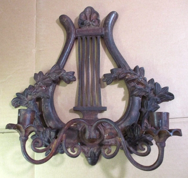 Candle Wall Sconce 2 Arm Lyre Harp w/ Laurel Red Hued Cast Iron 1900s Antique