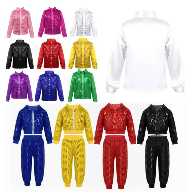 Boys Girls Hip Hop Jazz Dance Outfit Shiny Jackets Sequins Hooded Top Pants Set