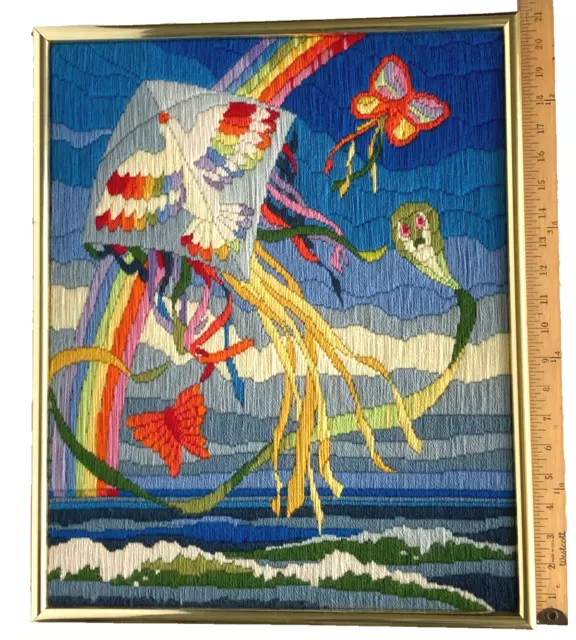 Beachside Kites Butterfly & Rainbow Needlepoint Wall Art Framed 21" x 17"