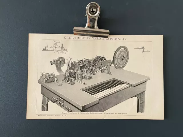 TELEGRAPH Rara stampa antica di illustrazione Brockhaus del 1900 SPEDIZIONE...
