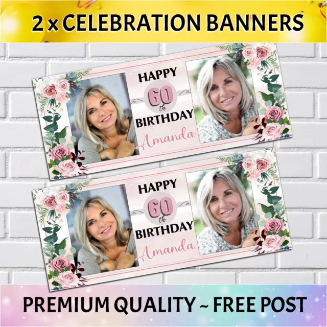 2 Personalised Happy Birthday Party Photo Banners 18th 21st 30th 40th 50th 60th