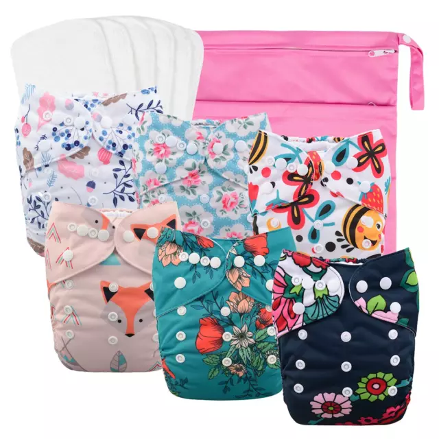 Reusable Cloth Diapers For Girls, Adjustable Washable Nappy 6pcs+ Microfiber Wet