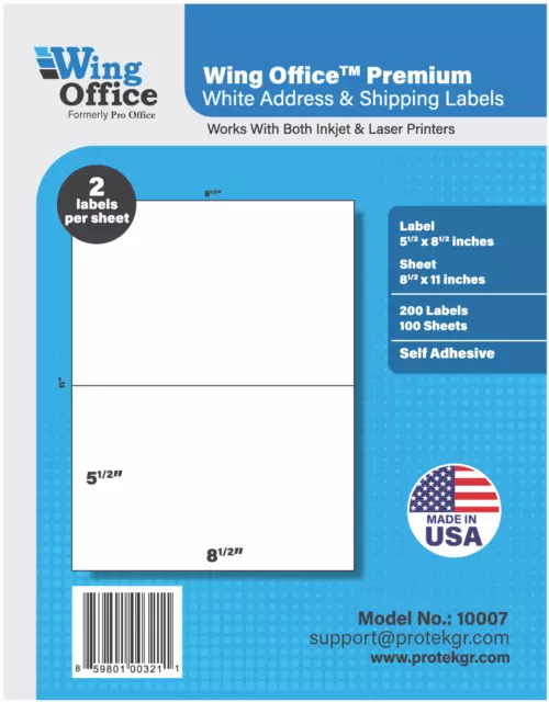 PO07 2500 Premium Half Sheet Shipping Labels Self-Adhesive 8.5 X 5.5 PRO OFFICE