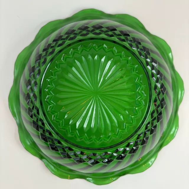 Anchor Hocking Forest Green Depression Glass Vintage Candy Dish Diamond Swirl 3