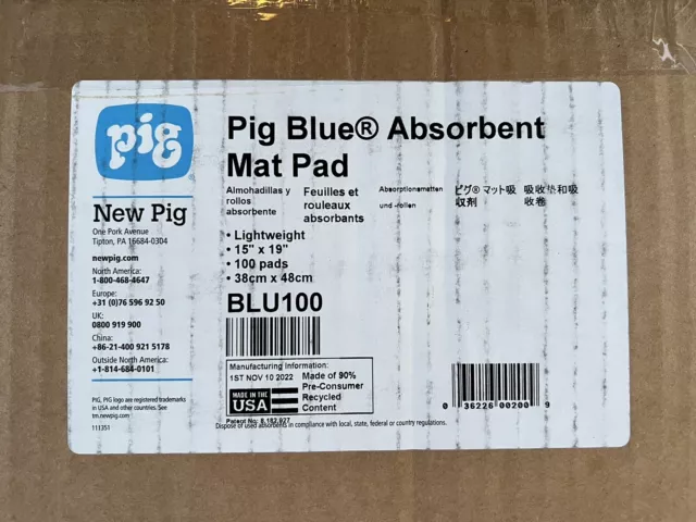 Pig Blue Blu100 Absorbent Mat Pad, Absorbs 24 Gal. Universal, 100 Pk , 15" X 19" 2