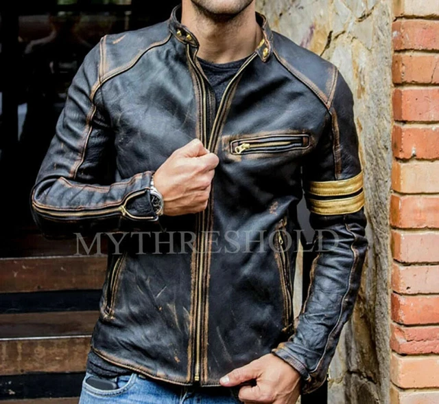 Men's Vintage Biker Black Motorcycle Distressed Cafe Racer Real Leather Jacket