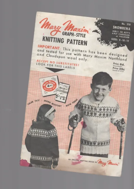 MARY MAXIM  graph knitting pattern #510 Boys 8 10 12 SNOWRENA zipper cowichan