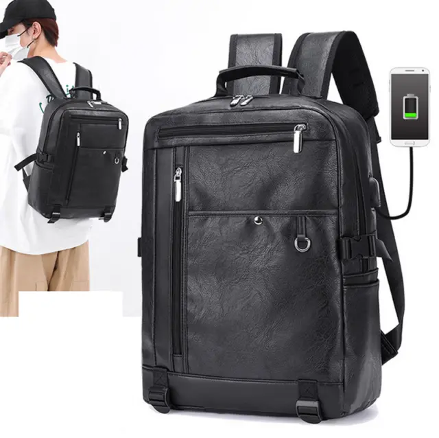 Men Leather School College Backpack Waterproof Laptop Travel Zipper Bag ds
