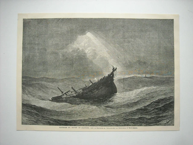 Gravure 1877. Naufrage Du Navire Le Roanoke, Traversee De Philadelphie-Venezuela