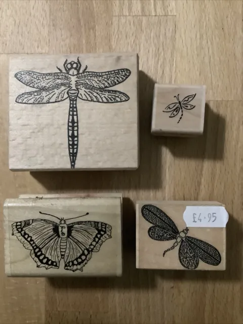 4 Wooden Block Rubber Stamps Craft Card Making Insects Various Brands