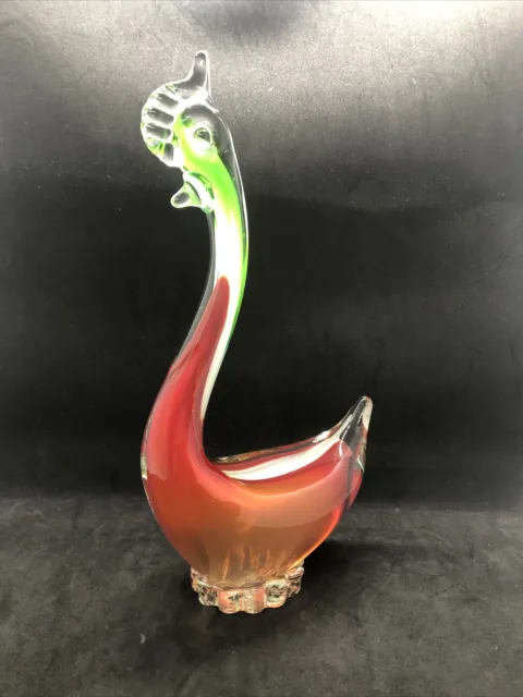 Murano ICET Or Romanian Glass Bird Duck Orange Red Green White Clear 11”h 6”L