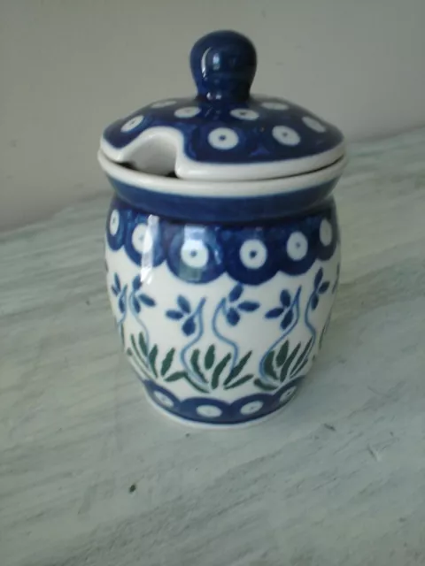 Boleslawiec Polish Pottery Handmade Jam/Honey Jar Sugar Bowl 4.5" Tall w/ Lid