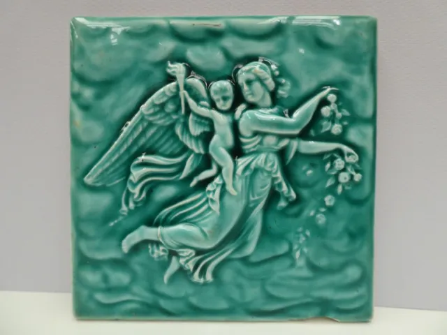 Antique Majolica Art Nouveau Tile Embossed Angels Bertel Thorvaldsens