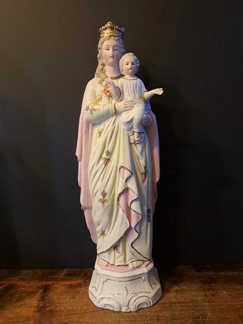 ANTIQUE PORCELAIN BISQUE Madonna Virgin Mary Child Jesus Altar Chapel ...