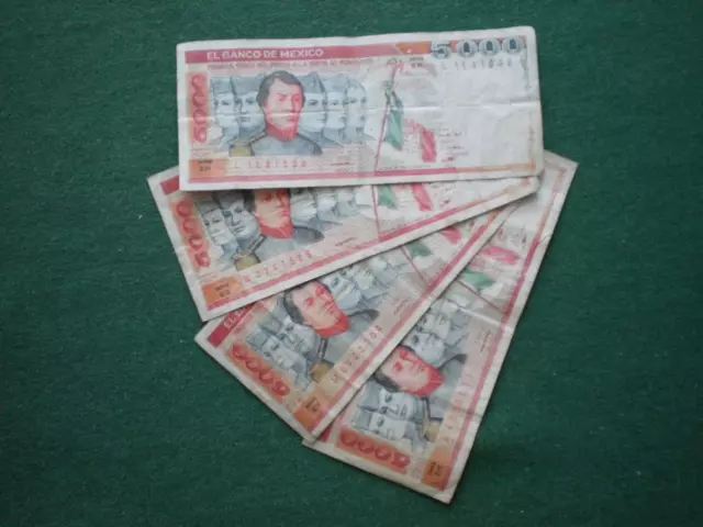 1983 lot of 4 dif series Banco de Mexico 5000 pesos red notes used