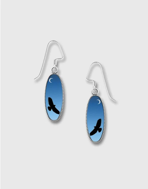 Lemon Tree Earrings Eagle in Blue Night Sky Print Oval Unique Handmade 4953