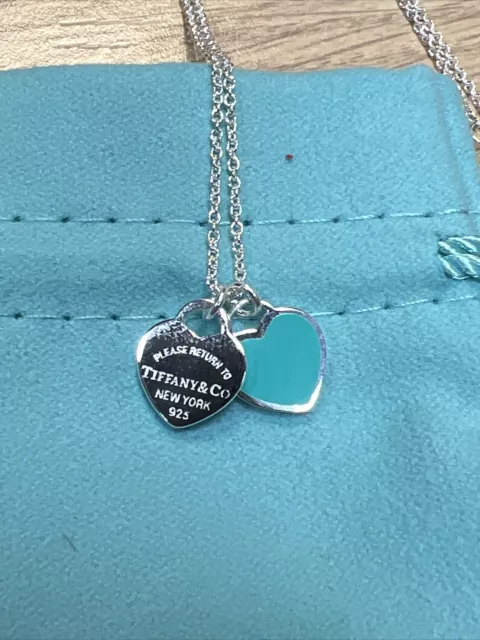 Return to Tiffany & Co. Sterling Silver 925 Blue Double Heart Tag Necklace