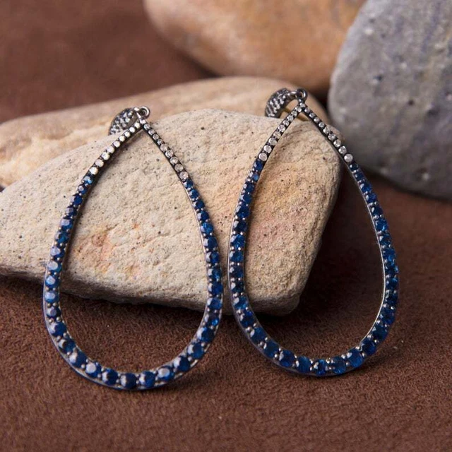Blue Sapphire Pave Diamond Gold Plated Earring 925 Sterling Silver Jewelry HG 2