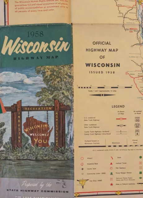 Vintage 1958 Wisconsin Official State Highway Department Road Map