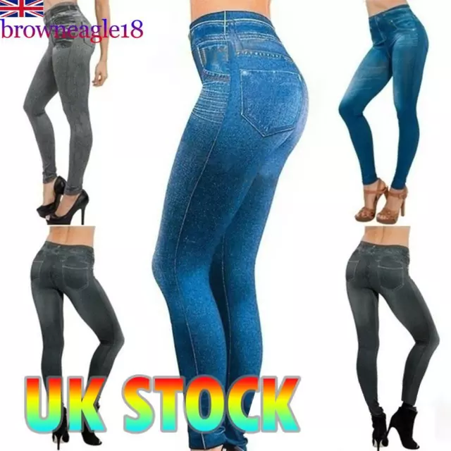 Womens High Waist Stretch Denim Look Jeggings Ladies Skinny Leggings Jeans Pants