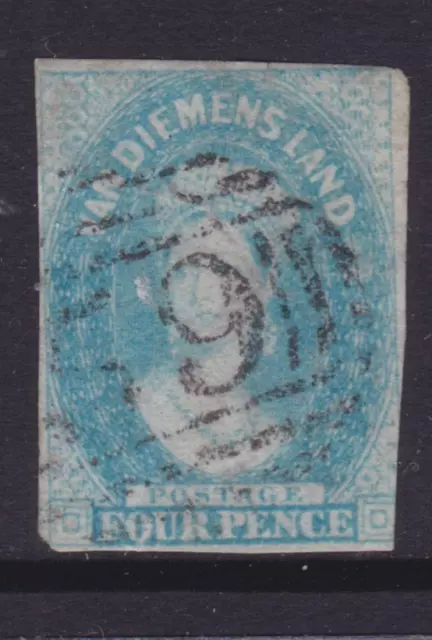 TASMANIA SCARCE 1857 4d Blue QV CHALON  4 WMK NUMERAL 59 PMK SG 37 (QC88B)