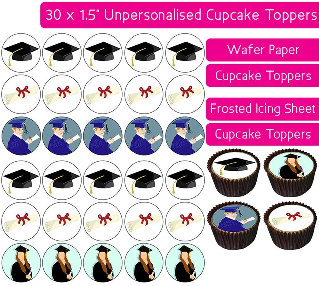 30 GRADUATION CUPCAKES Toppers Edible Wafer & Icing Party Decoration