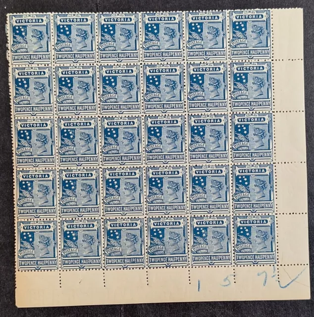 1905- Victoria Australia Blk 30X2.5d blue QV Postage stamps P12.5 WMK Crn/A Inv