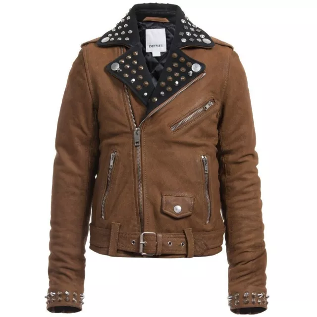 DIESEL L-ULISSE Studded Leather Jacket For Boys & Girls - Brown - 8YRS - £399