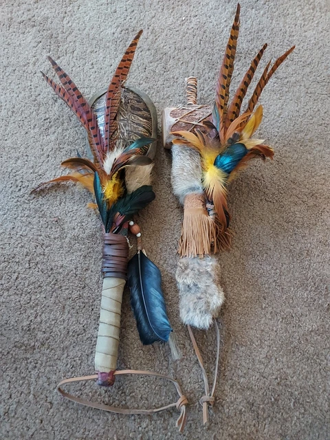 Pow Wow Regalia Imitation Drum Rattle Feather Plumes Native American Turtle Shel