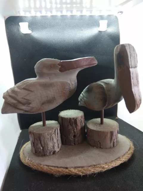 Wood Hand Carved Pelican Birds On Wood Stumps Nautical Ocean Figurine 7"