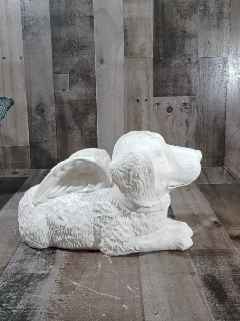 LARGE 15×9x8 LAYING PUPPY DOG GUARDIAN ANGEL STATUE SCULPTURE WHITE CERAMIC 10